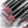 A close-up of a professional makeup brush set featuring dense synthetic hair in shades of pink and mauve.