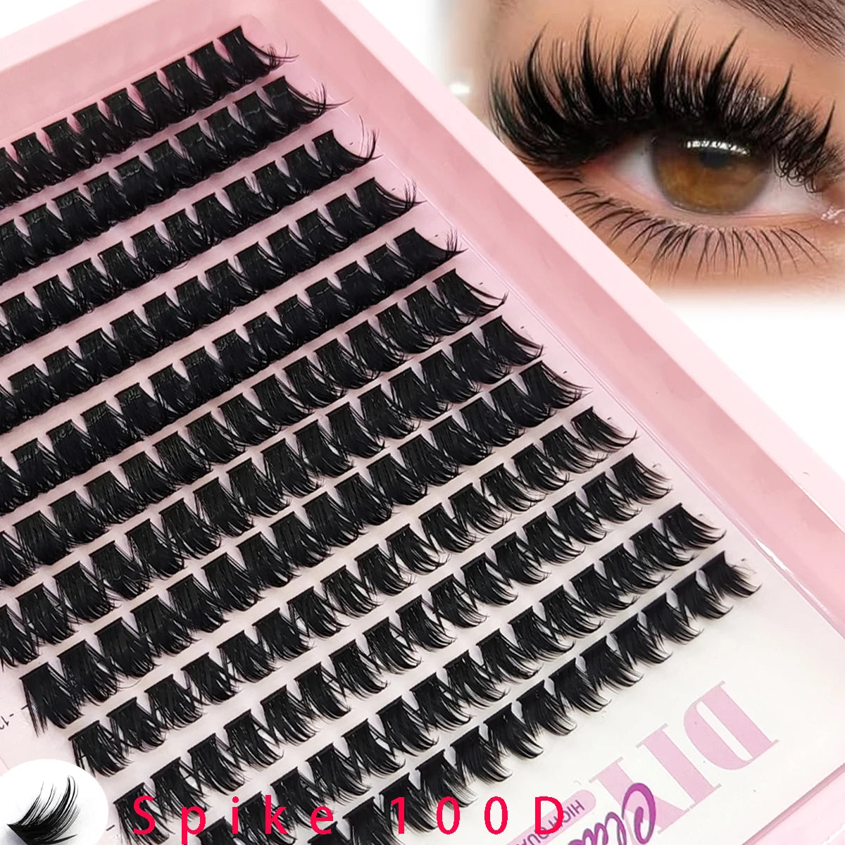 Une boîte de maquillage rose contenant un ensemble de faux cils noirs pour améliorer le regard.