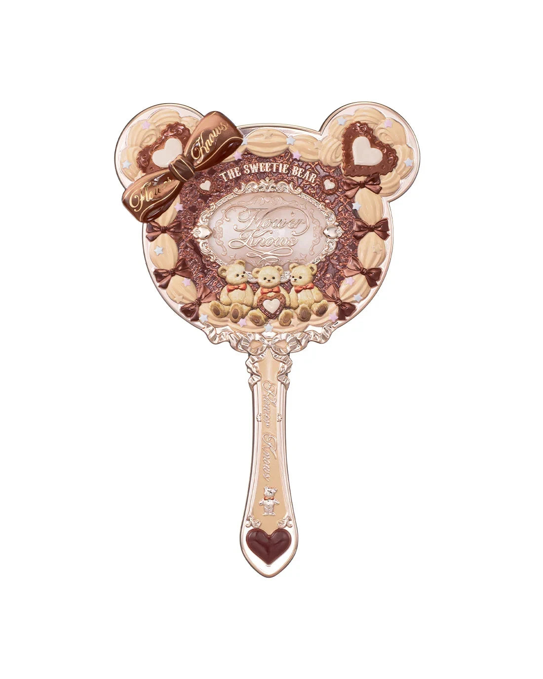A delicate pearl hand mirror with a pink frame, featuring a bow and small teddy bears.