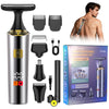 A silver electric grooming kit with multiple trimmer heads and a charging cable shown next to a man.