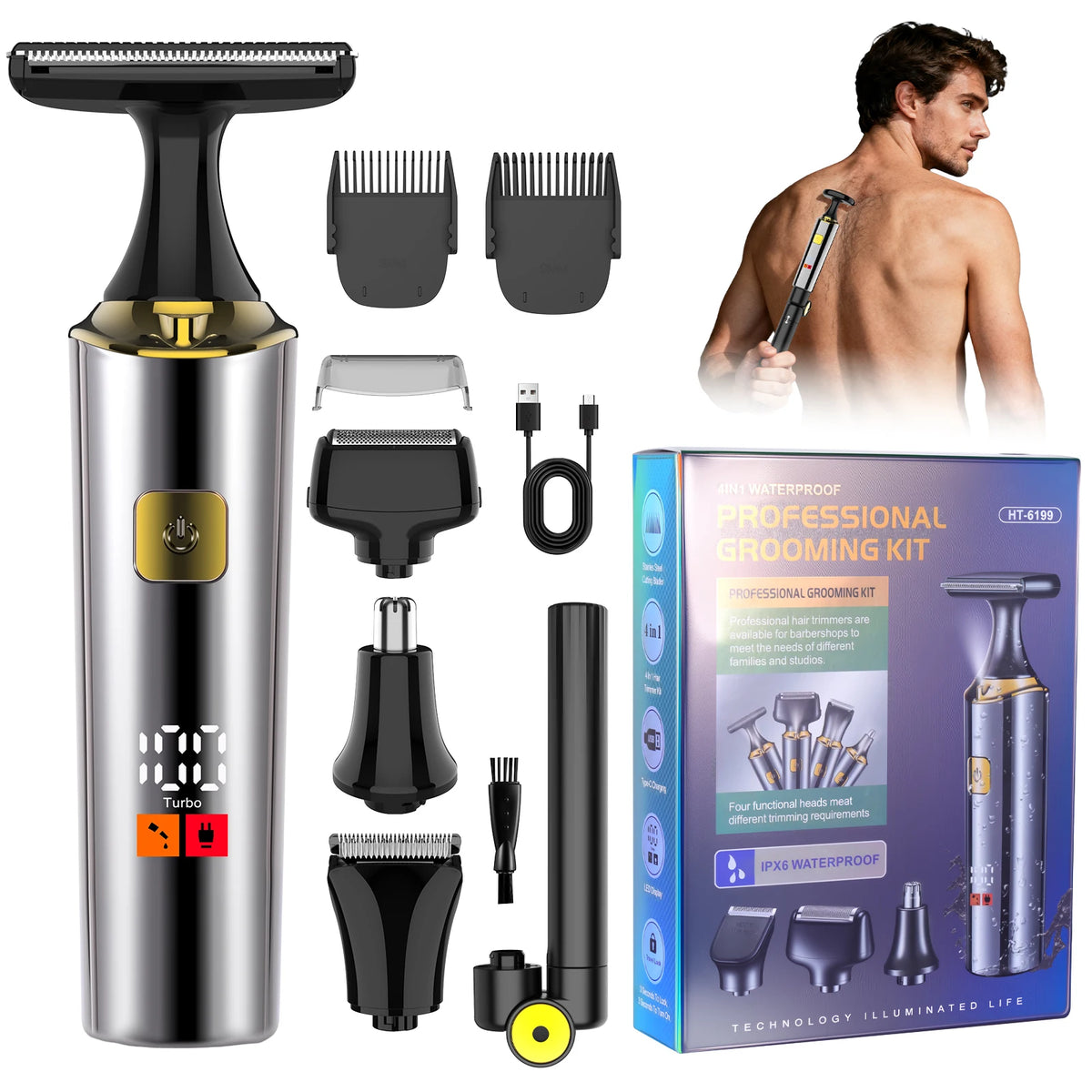 A silver electric grooming kit with multiple trimmer heads and a charging cable shown next to a man.