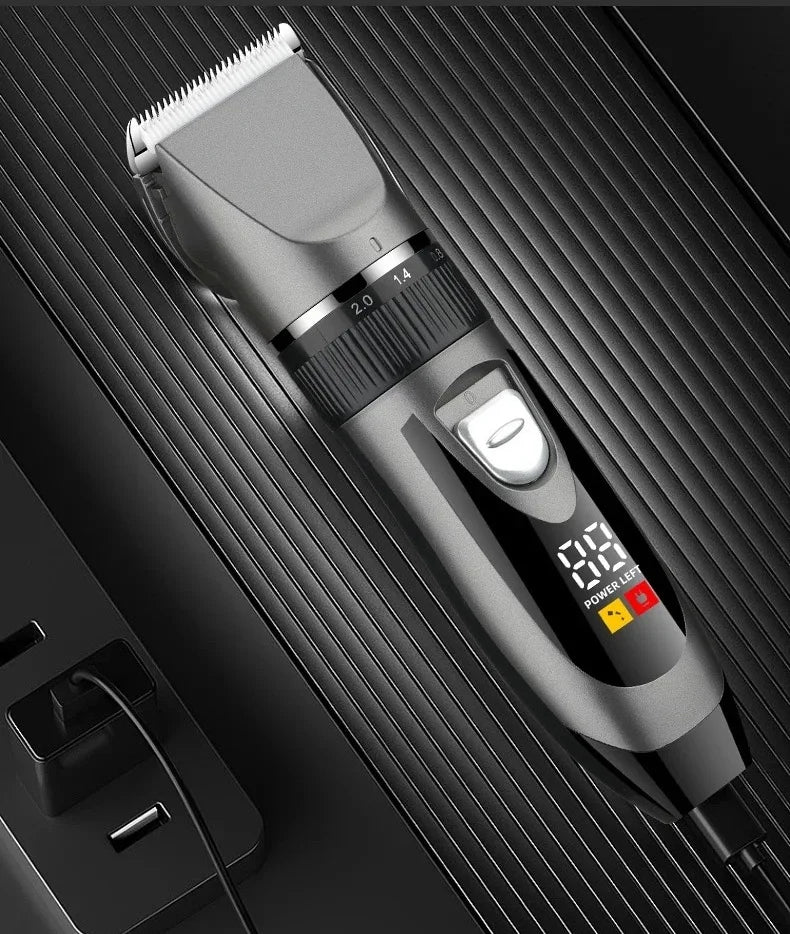 A silver electric hair clipper with a guard is shown against a dark background.