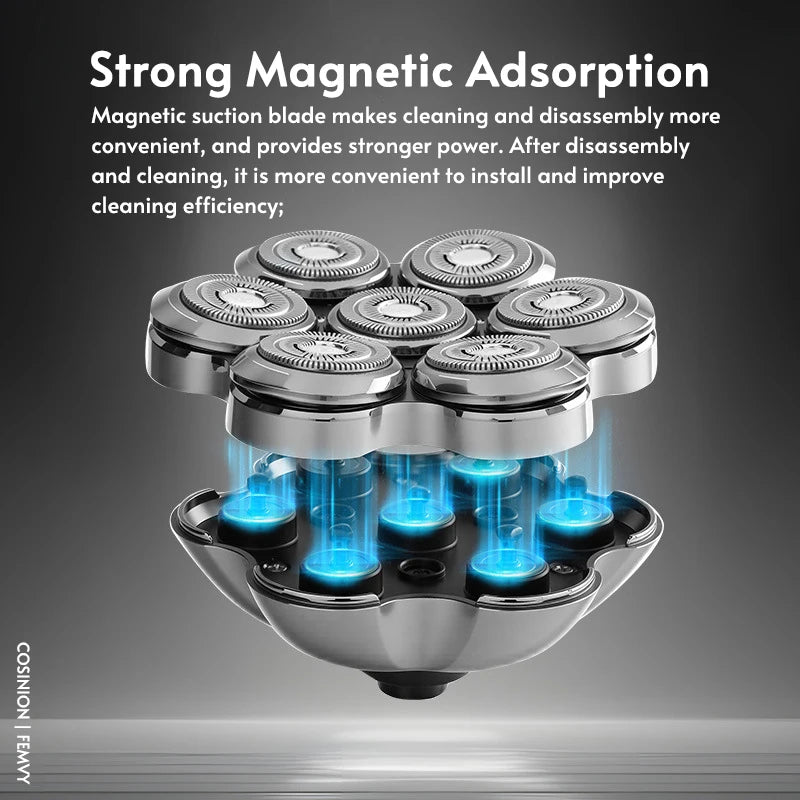 A silver electric shaver head with multiple magnetic suction blades is shown, highlighting strong magnetic adsorption for cle