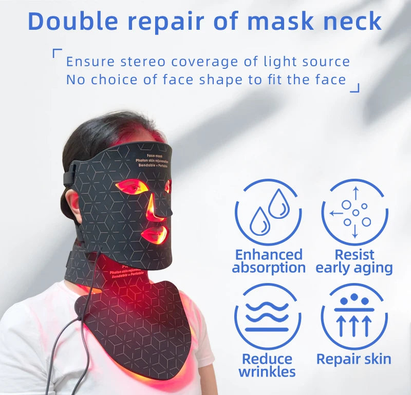 A person is wearing a black multi-wavelength LED face therapy mask designed for double repair of the mask neck.