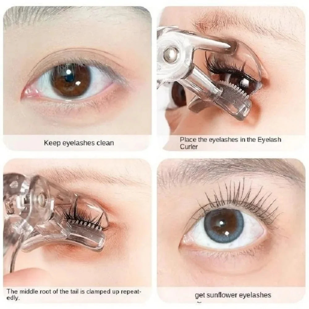 Demonstration of a dual-type eyelash curler used to clean, place lashes, and curl eyelashes.