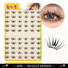 A plastic tray of Dingsen Cluster Eyelash Extensions showing various lash styles and an example of a natural eye.