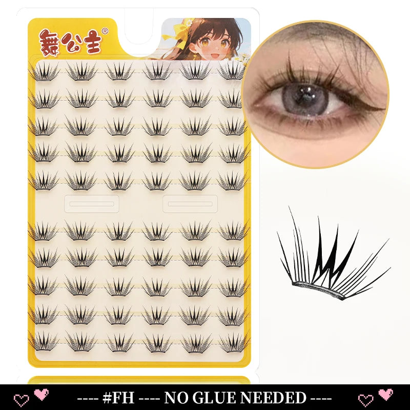 A plastic tray of Dingsen Cluster Eyelash Extensions showing various lash styles and an example of a natural eye.