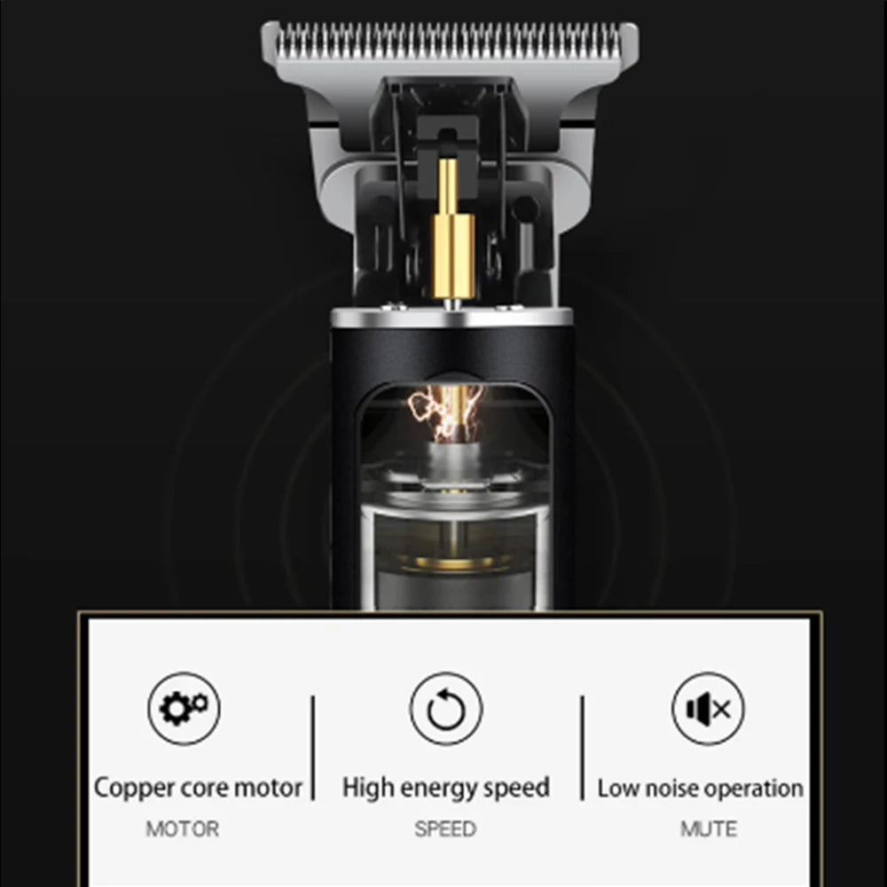 Close-up view of a professional electric beard and hair trimmer with a copper core motor, high energy speed, and low noise op