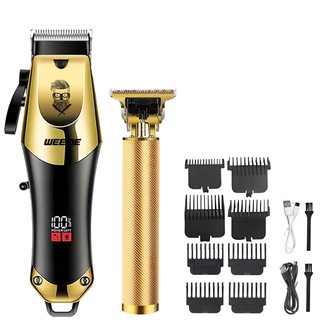 A set of gold and black cordless electric hair trimmer blades and attachments.