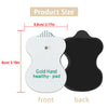 Front and back views of a gold hand healthy pad muscle stimulator electrode product with dimensions shown.