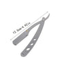 A professional stainless steel straight shaving razor with a handle and blade, shown in a side view.