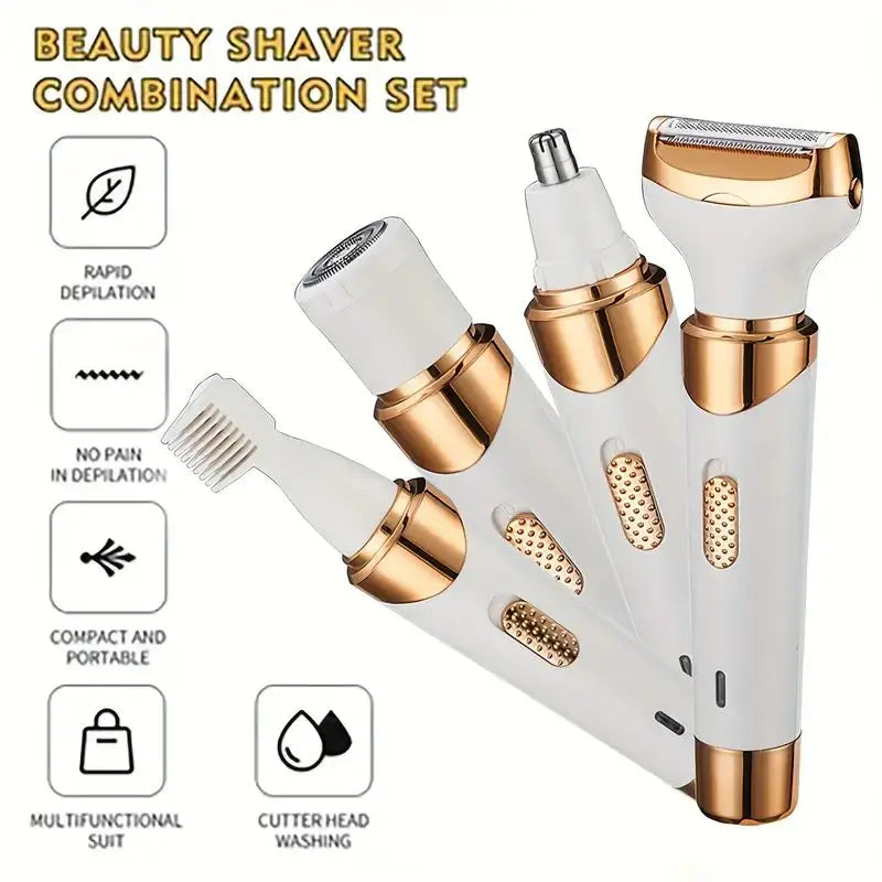 Beauty-Rasierer-Kombination-Set mit drei Pflegegeräten in Weiß und Gold.