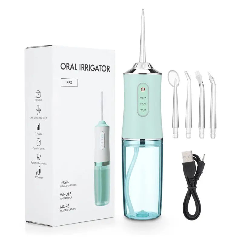 A teal oral irrigator device with a clear water tank and charging cable is shown next to its packaging box.