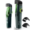 A green cordless beard trimmer for men shown with its attachment tool.