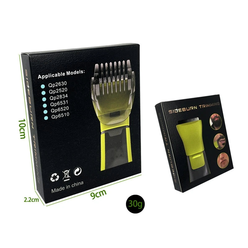 A black trimmer case showing various applicable models and a yellow grooming tool for body and beard trimming.