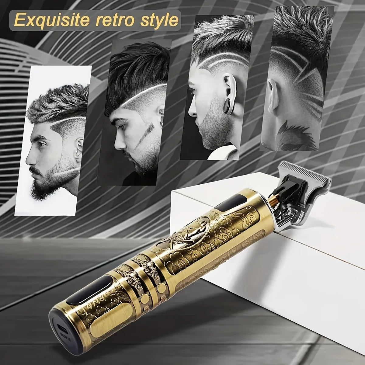 A close-up of a gold and black electric hair clipper with a guard, displayed next to various men's haircut styles.