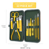 A set of 13 stainless steel beauty tools in a green case, including various manicure and pedicure instruments.