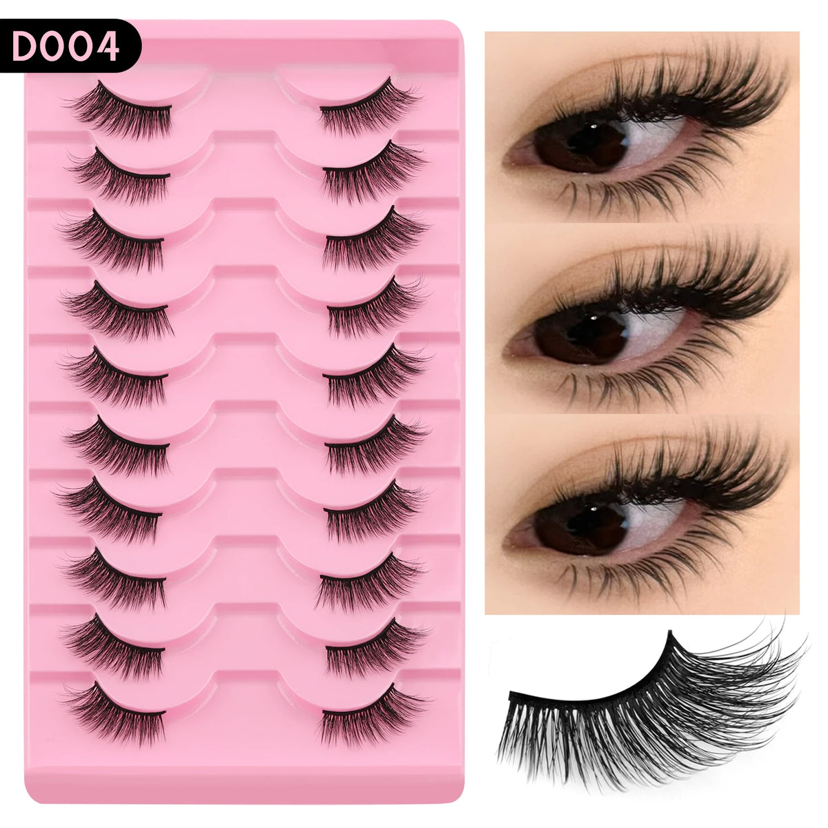 Plateau en plastique rose contenant des extensions de cils naturels et un échantillon de cils.