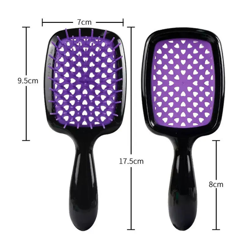 Black anti-static air cushion hair comb and scalp massager with purple bristles