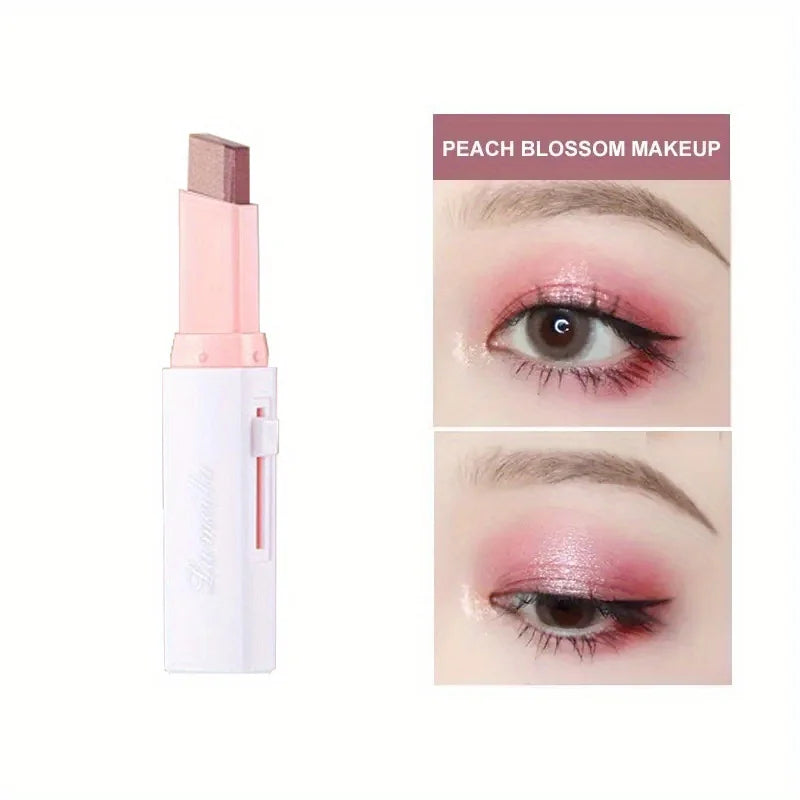 A pink eyeshadow stick in a white casing is shown next to makeup application examples for peach blossom eyeshadow.