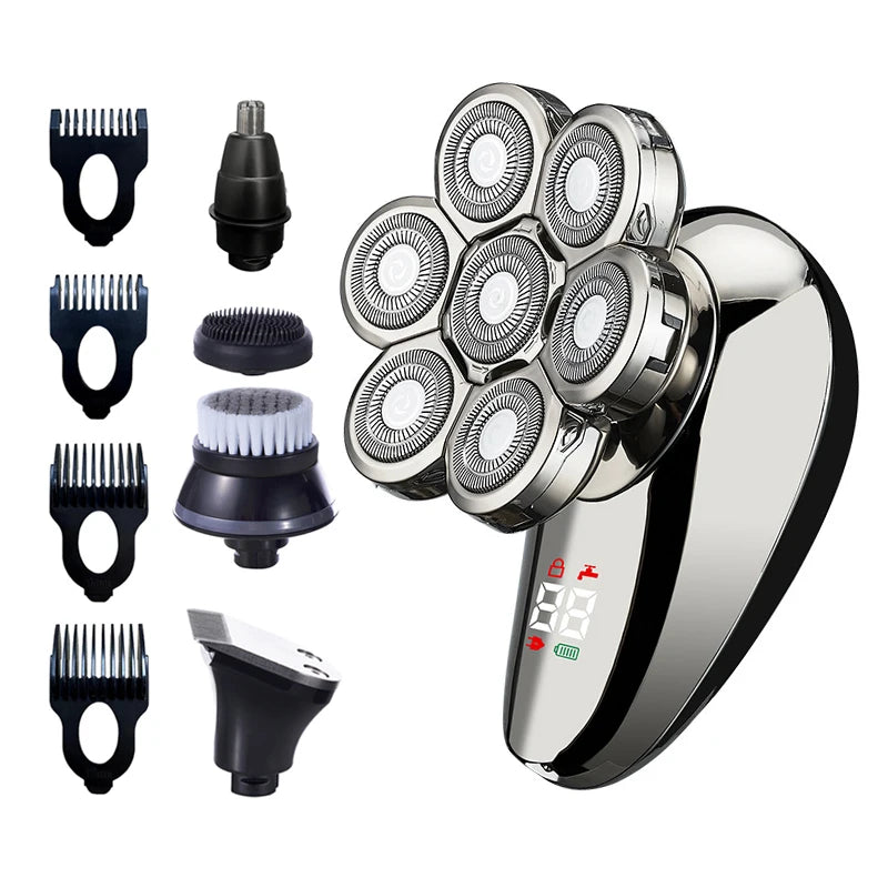 A collection of 5 grooming attachments for an electric shaver kit, including various foils and heads.