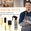 A male barber shows a set of professional hair cutting tools including combs, brushes, and spray bottles.