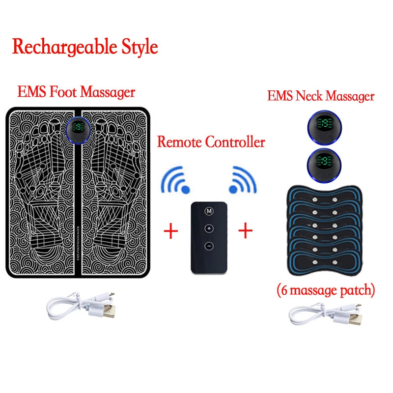 Set of rechargeable EMS foot and neck massagers with remote controller and massage patches