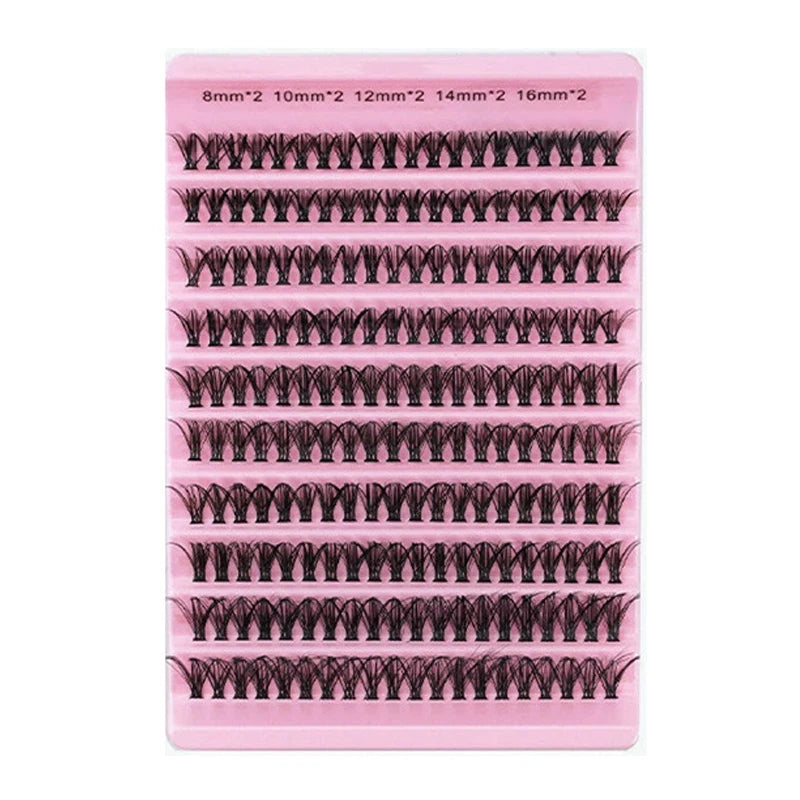A pink plastic tray holding 10 rows of individual mink false eyelashes with varying lengths.