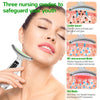 A woman is using a handheld facial and neck massager with multi-color lights for skincare treatment.