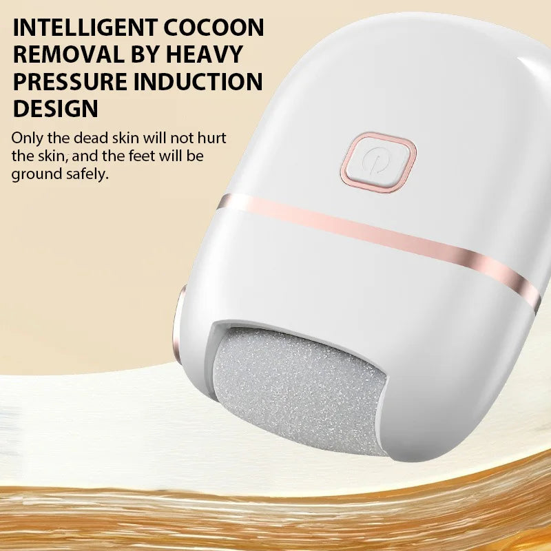 A white electric foot grinder device is shown next to a book, illustrating its use for dead skin removal.