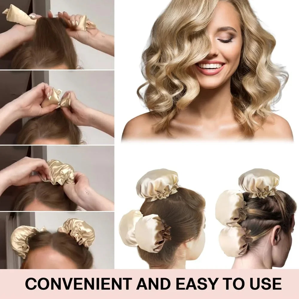 A woman is shown using a heatless hair curler and satin sleep cap set with claw clip and rings to style her wavy hair.