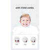 A young child smiling while holding a portable rechargeable electric hair trimmer with 3 limit combs labeled 1mm, 2mm, and 3m