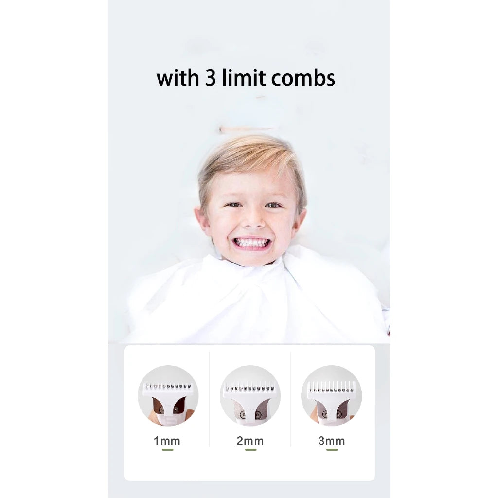 A young child smiling while holding a portable rechargeable electric hair trimmer with 3 limit combs labeled 1mm, 2mm, and 3m
