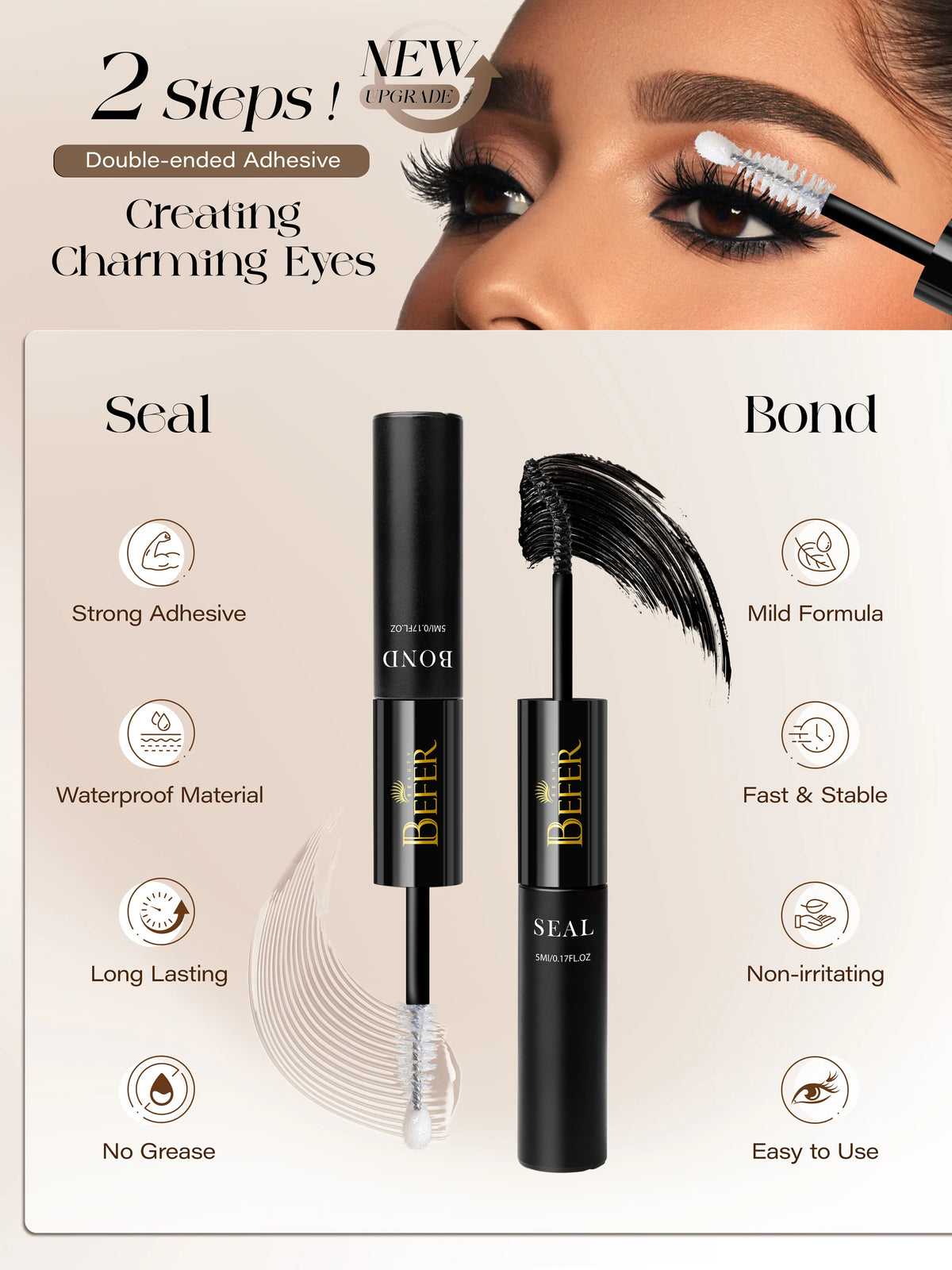 A set of BEFER SEAL double-ended adhesive and remover kits for creating charming eyes, showing various features.