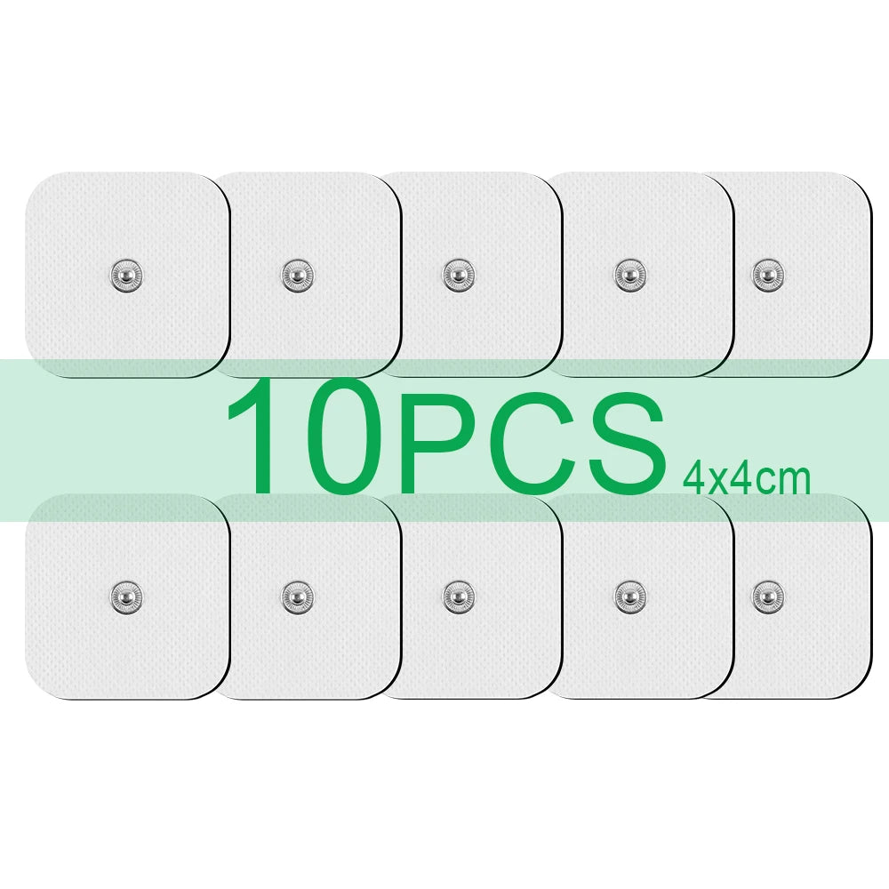 Ten square white electrode pads for muscle stimulation, measuring 4x4cm each.