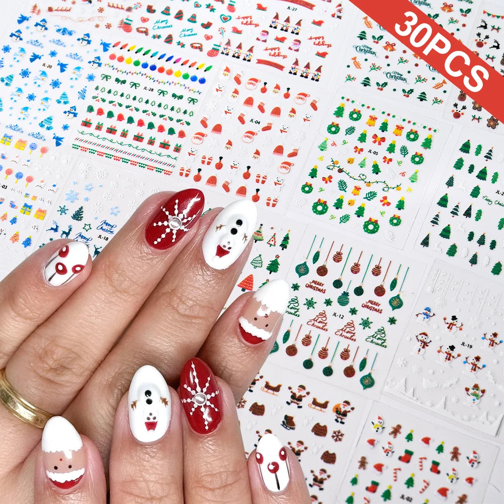 A hand displays Christmas Santa Claus 3D nail art stickers with glitter designs on a white background.