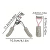 A professional eyelash curler set with a silver and pink design shown next to its dimensions.