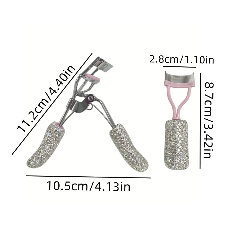 A professional eyelash curler set with a silver and pink design shown next to its dimensions.