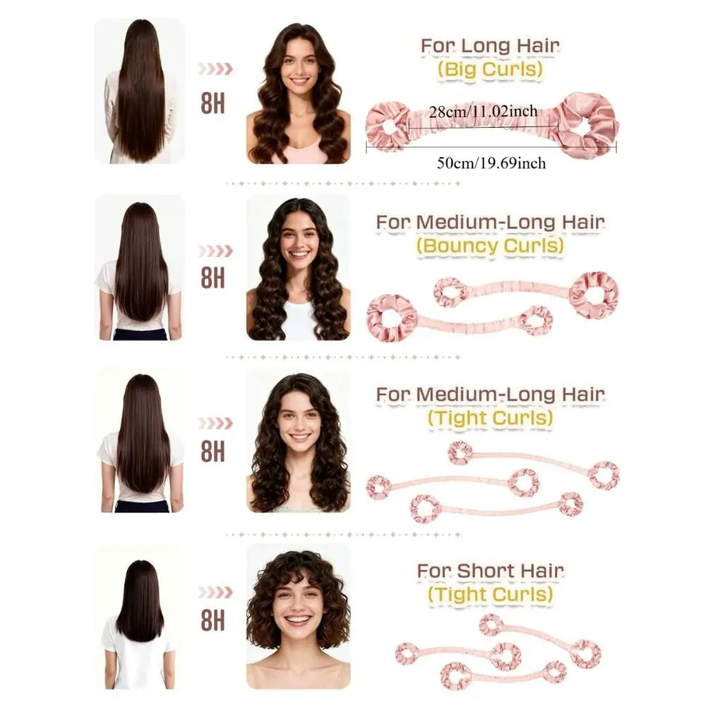 A set of heatless silk hair rollers in pink for long, medium-long, and short hair curling.