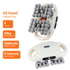 A white 42-head fascia gun massage device with gray silicone heads and a battery pack.