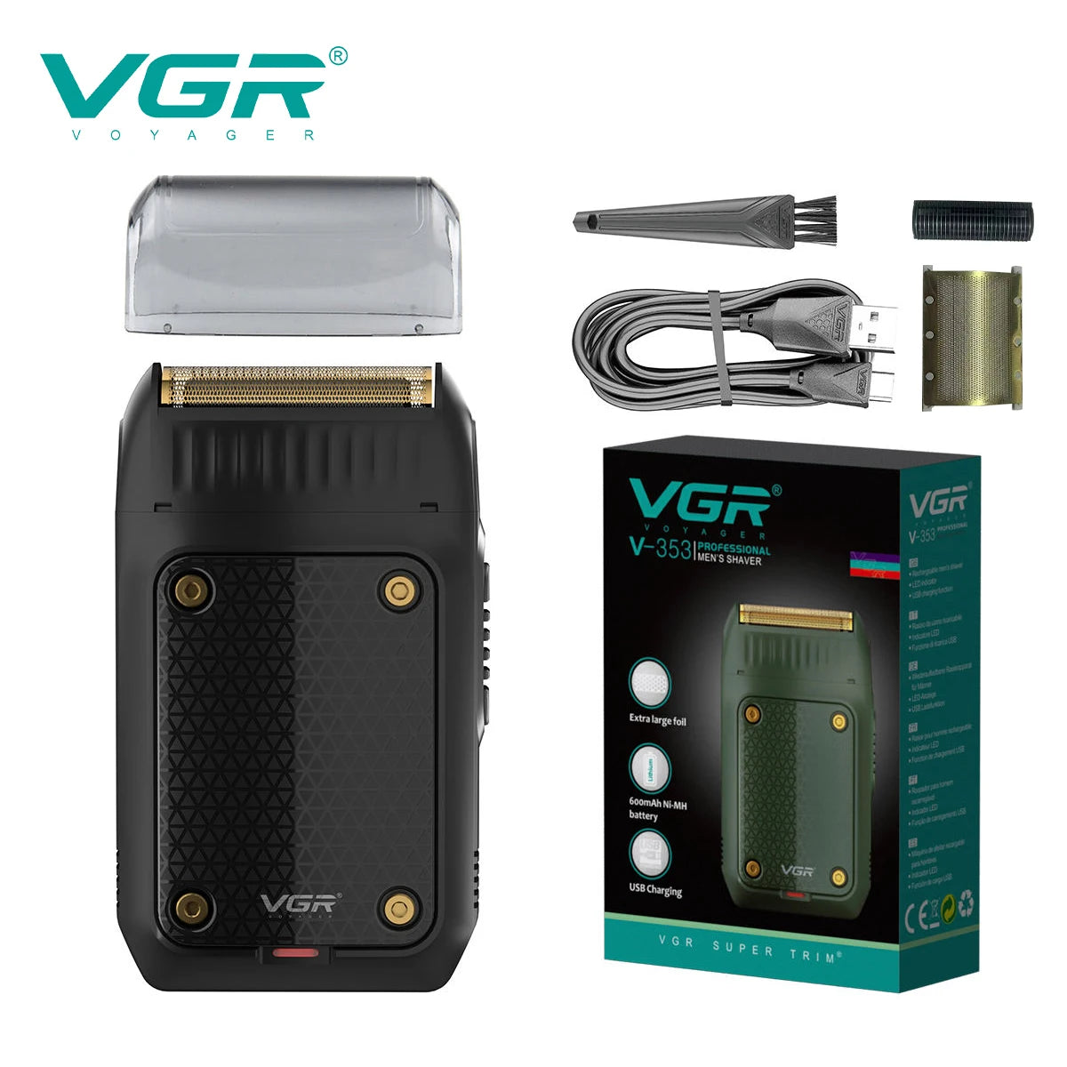 A VGR V-350 professional electric shaver in black and olive green packaging with accessories.