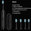 Black sonic electric toothbrush package including brush, replacement heads, travel box, manual, and charging cable.