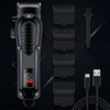 A black 4-in-1 cordless hair grooming kit showing various grooming attachments and the main body of the device.