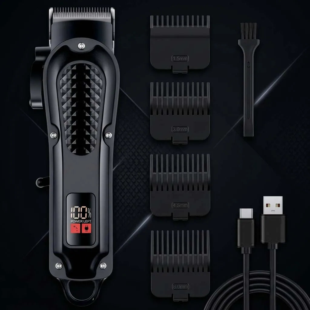A black 4-in-1 cordless hair grooming kit showing various grooming attachments and the main body of the device.