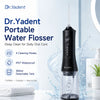 A black Dr.Yadent portable water flosser with a clear tank is shown against a bright background.