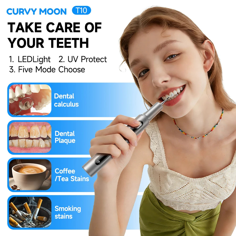 A woman is using an ultrasonic electric dental cleaner on her teeth, demonstrating its use for removing calculus, plaque, sta