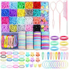 A large assortment of colorful elastic hair ties and scrunchies in various colors and patterns for kids