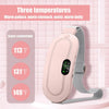 A pink portable heated massage belt is shown next to a temperature scale indicating three heat levels.