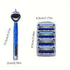A stainless steel manual shaver with a blue handle and multiple shaving heads is shown.