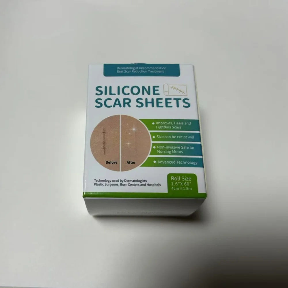 Box of silicone scar sheets showing before and after results for scar reduction treatment